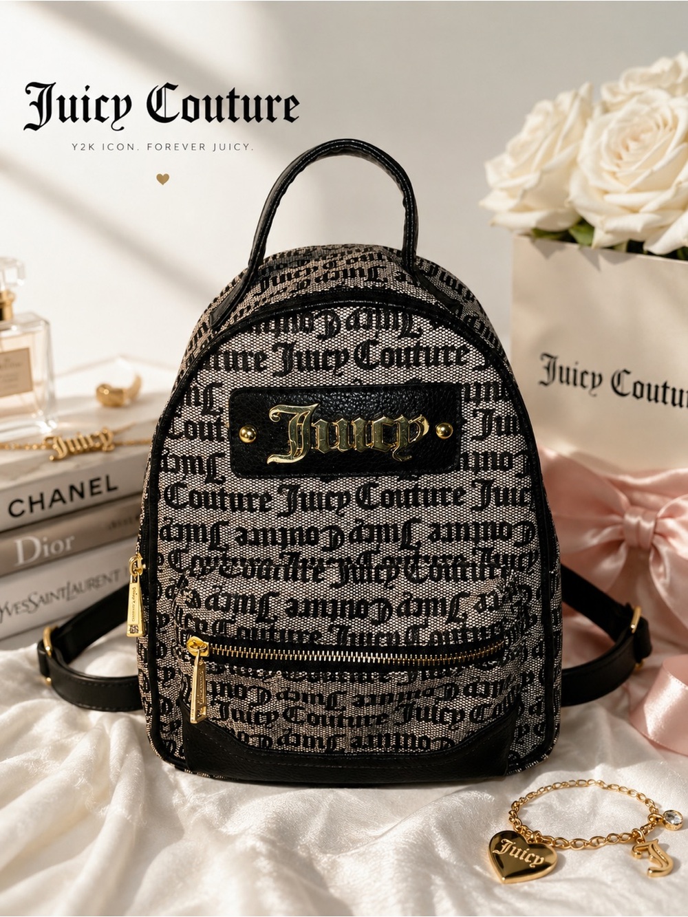 Juicy Couture Y2K Monogram Mini Backpack | Black & Beige Logo Print